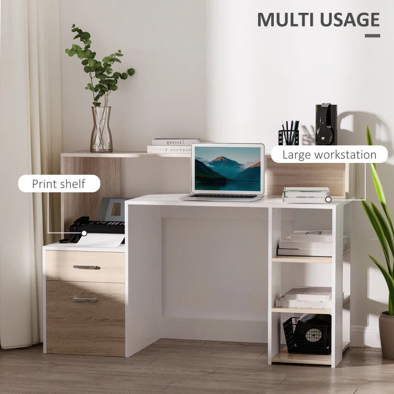 Large Oak Computer Desk with Drawers & Storage Shelves - Office Writing Table & Printer Stand for Home Office, 137x55x92cm