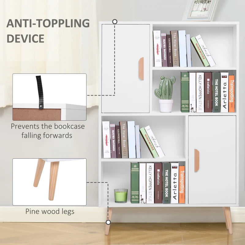Modern White Sideboard Bookshelf - Free Standing Bookcase with Adjustable Shelves, Wooden Legs & Two Doors for Stylish Storage