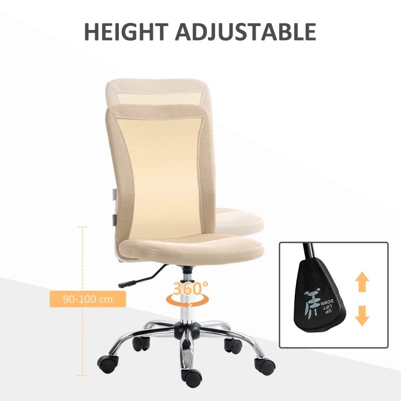 Vinsetto Beige Mesh Office Chair - Adjustable Height, Swivel Wheels, Armless Design for Home & Study - Ergonomic Comfort