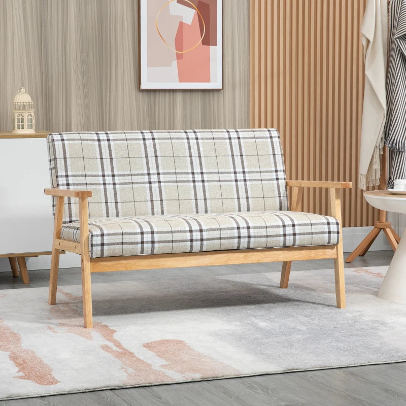 Compact Loveseat Sofa with Lattice Design and Rubber Wood Frame in Beige and Coffee