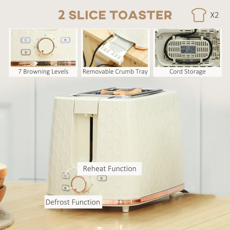 1.7L 3000W Fast Boil Kettle & 2 Slice Toaster Set - Beige, Auto Shut Off, Browning Controls, Kitchen Essentials