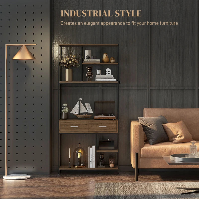 Industrial Seven-Shelf Display Shelf with Drawers - Stylish Brown and Black Storage Solution for Home or Office