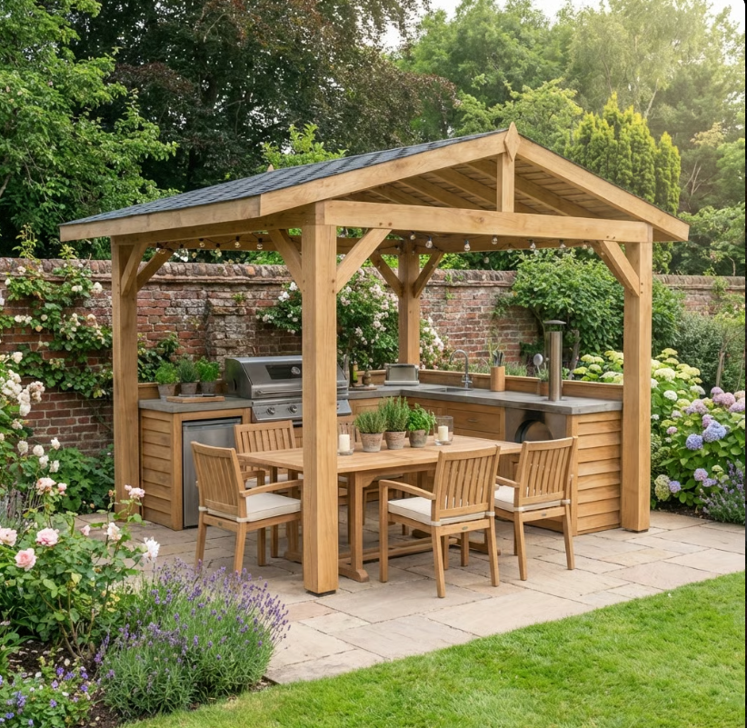Ruby Oak Wooden Gazebo - Katepal Grey Shingle Roof - Apex Design - No Overhang