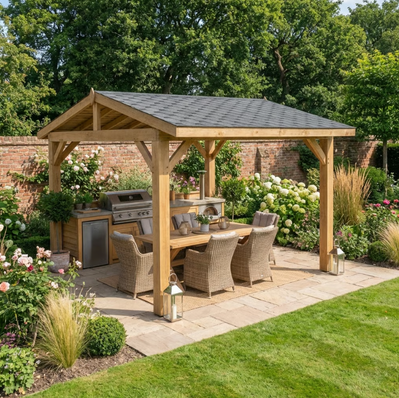Ruby Oak Wooden Gazebo - Katepal Grey Shingle Roof - Apex Design - No Overhang