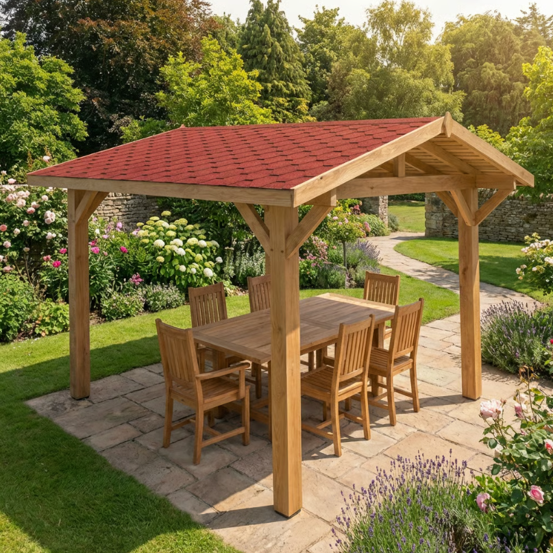 Ruby Oak Apex Gazebo with Katepal Red Shingle Roof and Overhang