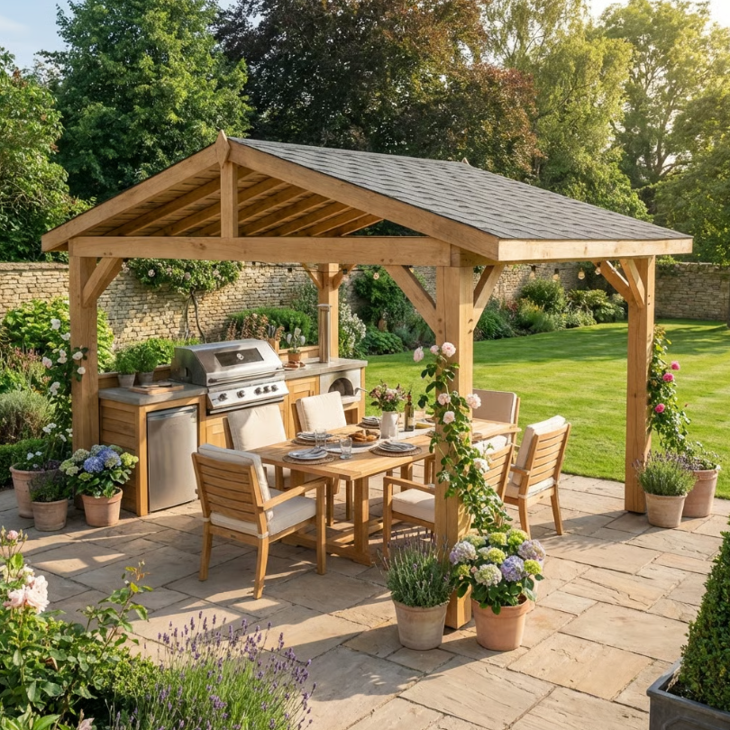 Ruby Oak Wooden Gazebo - Katepal Grey Shingle Roof - Apex Design - No Overhang