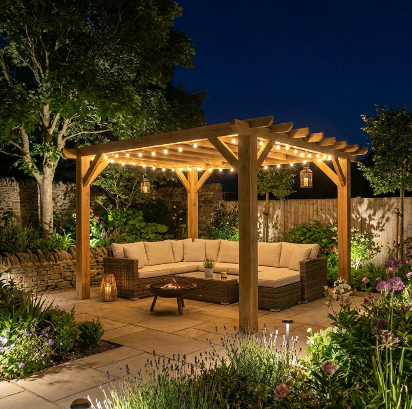 Ruby Oak Flat Roof Pergola with Open Roof Design