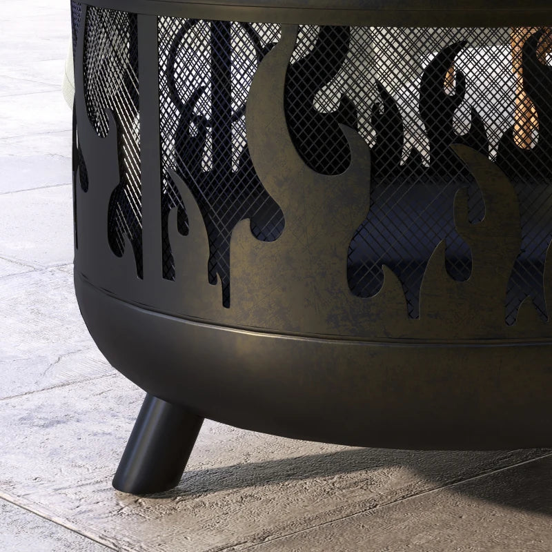 Premium Black Steel Fire Pit BBQ with Poker - Outdoor Heating & Cooking Solution for Patios, Gardens, and Backyards