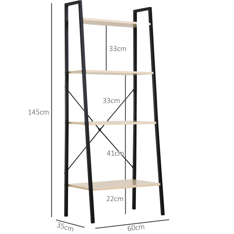 4-Tier Industrial Ladder Shelf - Stylish Oak & Black Bookshelf for Living Room, Bedroom, Kitchen Storage