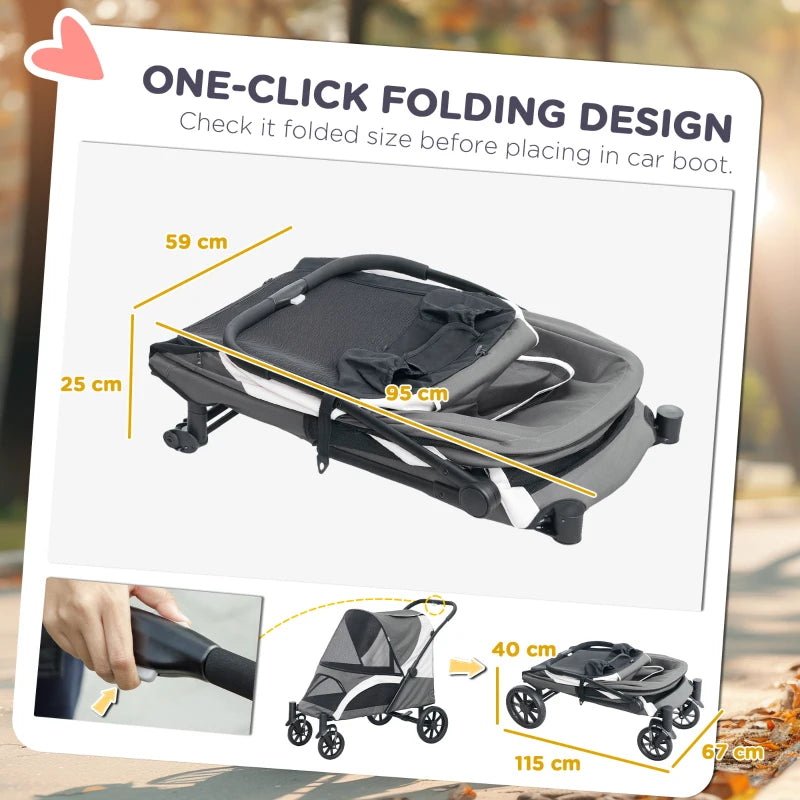 Foldable Large Dog Pet Stroller with 4 Big Wheels Shock-Absorbing Frame Safety Leashes and Brakes Dark Grey