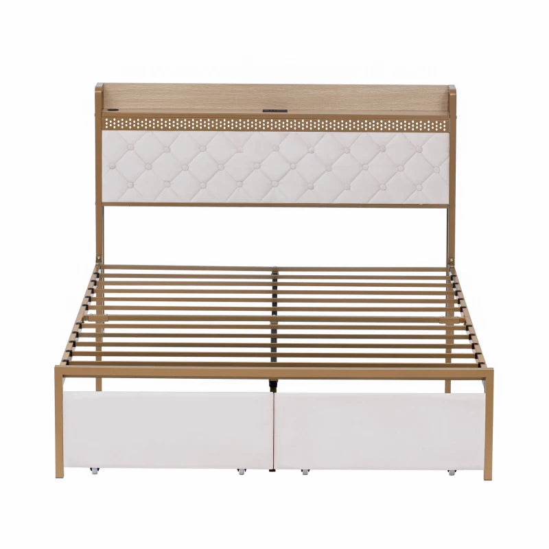 Modern Double Bed Frame with Storage Drawers & RGB LED Headboard - Beige & Chrome, 207L x 138W x 100H cm