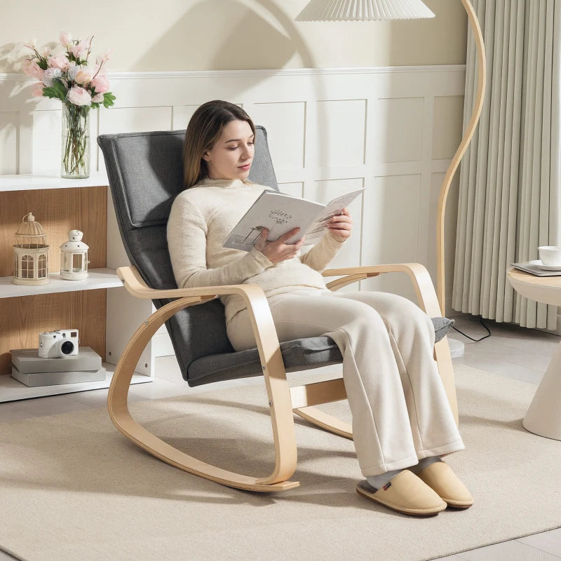 Comfortable Upholstered Rocking Chair with High Back and Headrest for Living Room and Bedroom in Grey