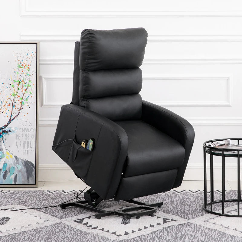 Power Lift Recliner Massage Chair with Heat and Vibration, Heavy Duty Mechanism, Side Pockets, Remote Control, Faux Leather - 73x91x109 cm, Black