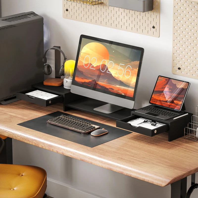 Dual Monitor Stand Riser with 2 Drawers - Adjustable Length & Angle, 116cm for Laptop, PC, Printer - Black