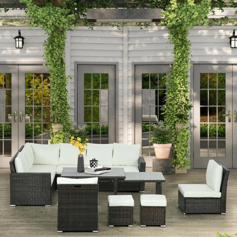 10 Seater Mixed Brown Rattan Corner Sofa Cream Cushions