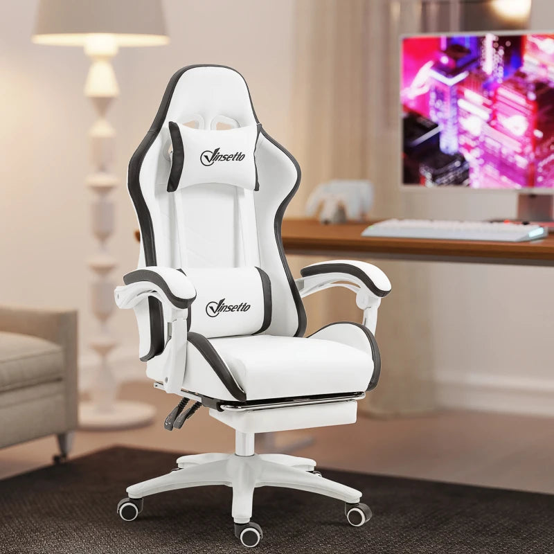 Vinsetto Gaming Chair with Footrest - PU Leather Office Desk Chair, 135° Recline, Lumbar Support, Headrest, White & Black
