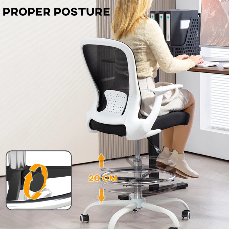 Ergonomic Draughtsman Chair - Mesh Drafting Chair with Flip-Up Armrests & Adjustable Foot Ring - Black & White Office Seating