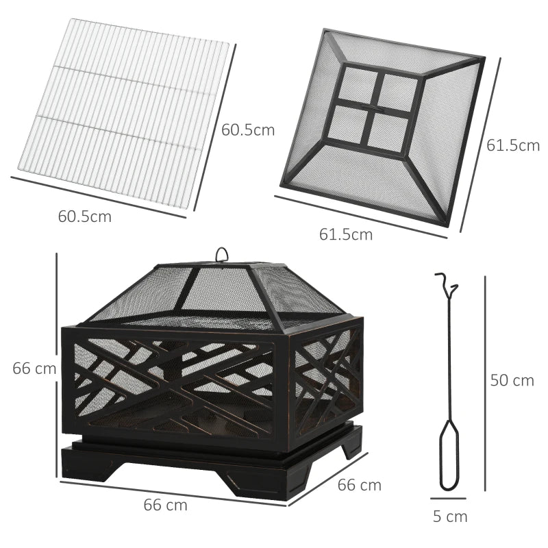 Black Square Fire Pit with Grill Shelf and Lid