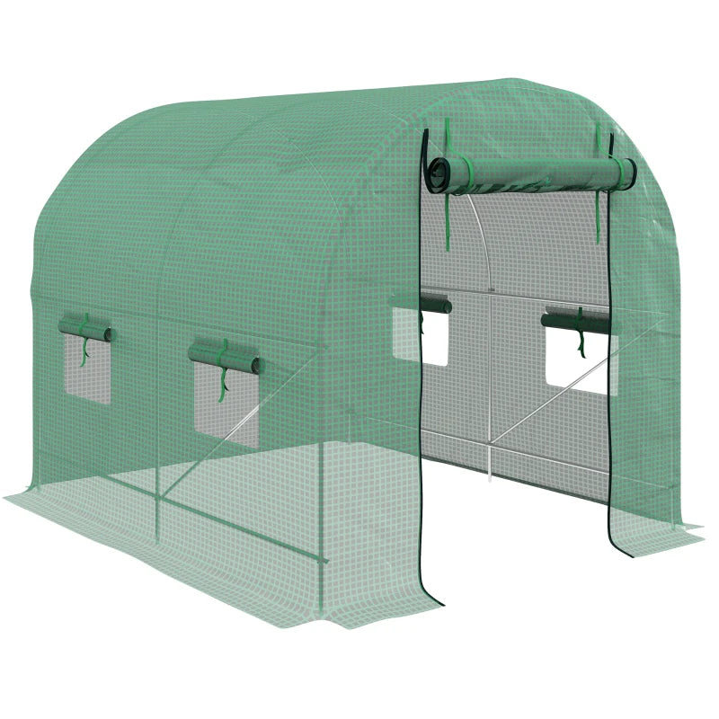 Green Walk-In Garden Greenhouse with Steel Frame, PE Cover, Roll-Up Door, 4 Windows - 2.5 x 2m