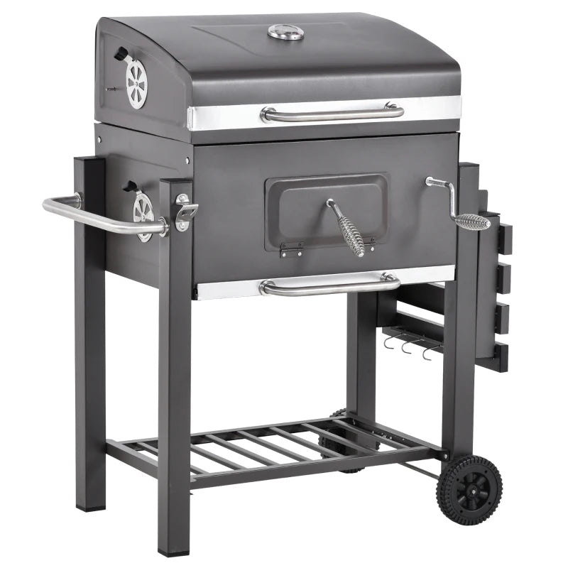 Charcoal BBQ Grill with Adjustable Grate, Smoker, Shelf, Wheels - Black