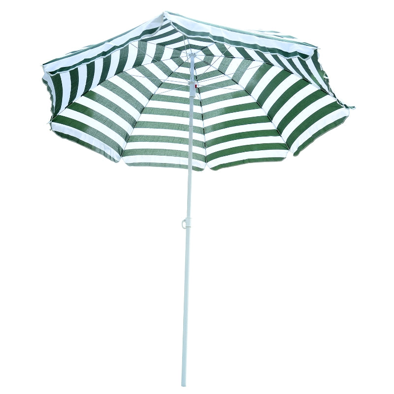 Green & White Striped 1.8m Tilt Beach Umbrella with 8 Ribs