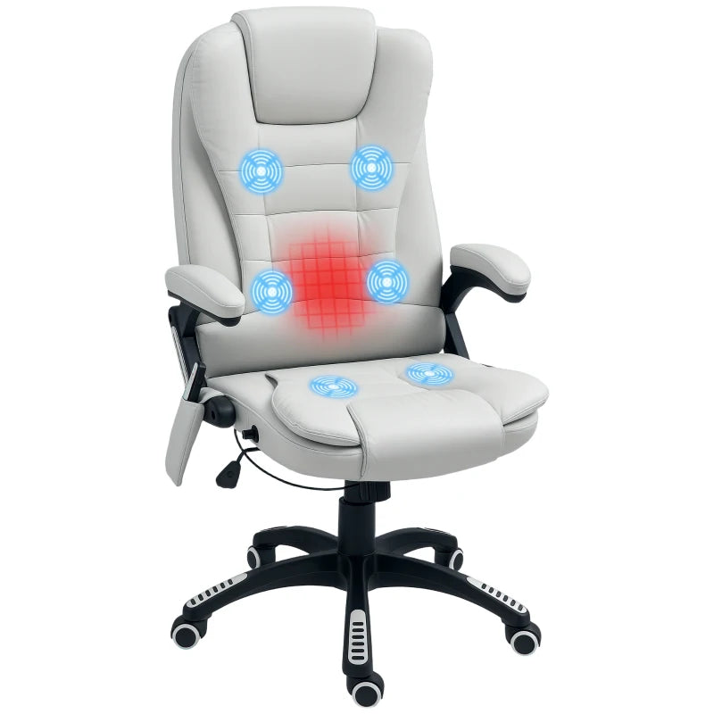 Light Grey 6-Point Massage Office Chair with Heated Seat, PU Leather High Back, Adjustable Height & 360° Swivel for Home Office