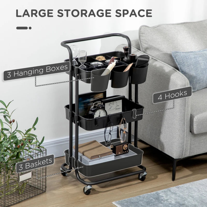 Versatile Black Three-Tier Home Trolley with Handle & Wheels - Perfect for Kitchen, Living Room, or Office Storage
