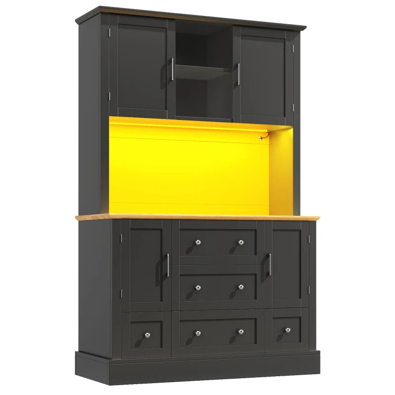 Tall Kitchen Cabinet with Open Shelf & 5 Drawers - Large Storage Cupboard for Dining Room, 115x40x180 cm, Black