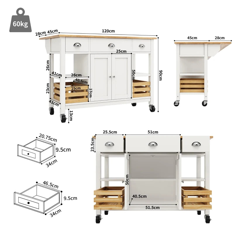 Rolling Kitchen Island Trolley with Adjustable Shelf, 3 Drawers, Spice Rack & Folding Side Board - White, 120x45x90 cm