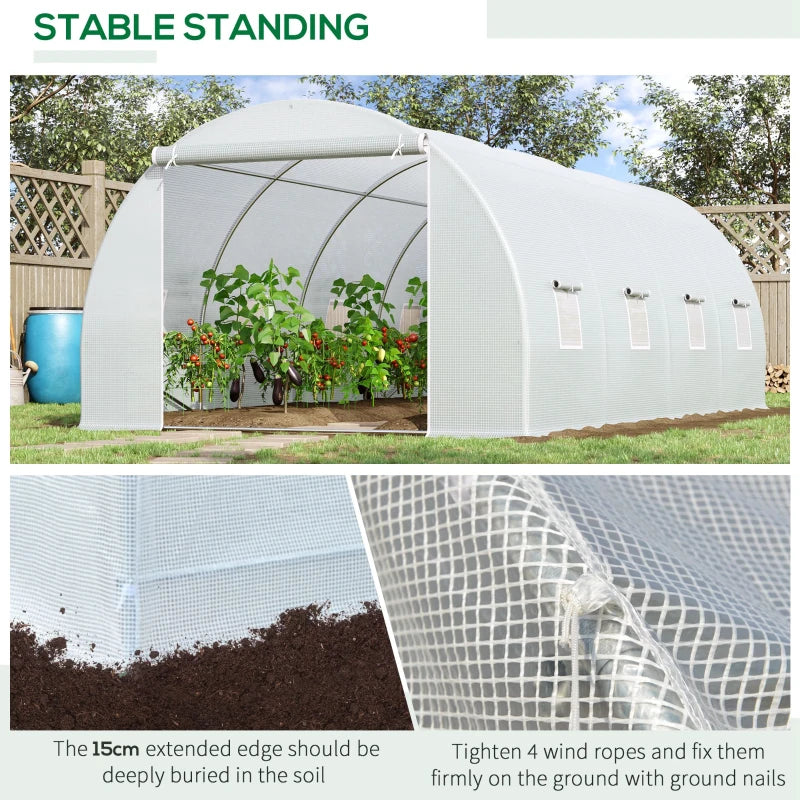 Green Walk-In Polytunnel Greenhouse, Metal Frame, Zippered Door, 8 Windows - White