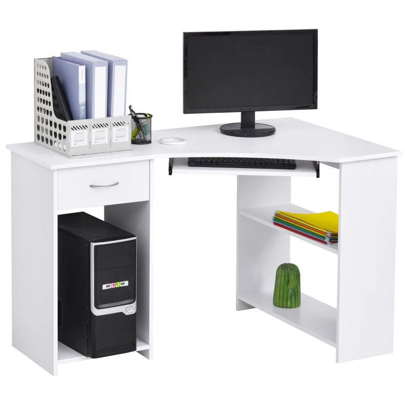 L-Shaped Corner Computer Desk with 2 Shelves, Keyboard Tray, Drawer & CPU Stand - White Home Office Furniture
