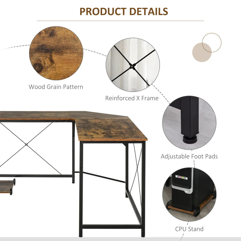 Rustic Brown L-Shaped Gaming Desk - 150x150 cm Corner Computer Desk for Home Office & Study
