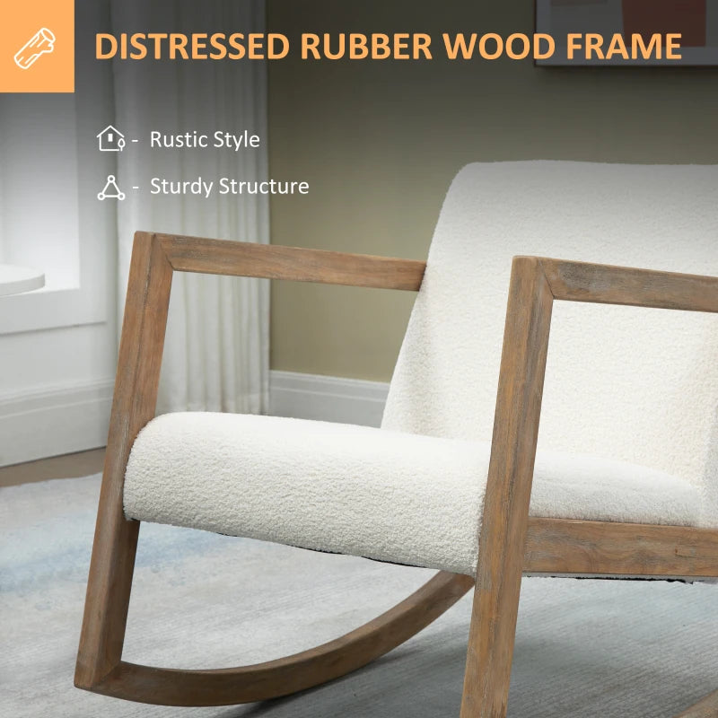 Upholstered Rocking Chair with Cushion and Wooden Base for Living Room and Bedroom in Cream White