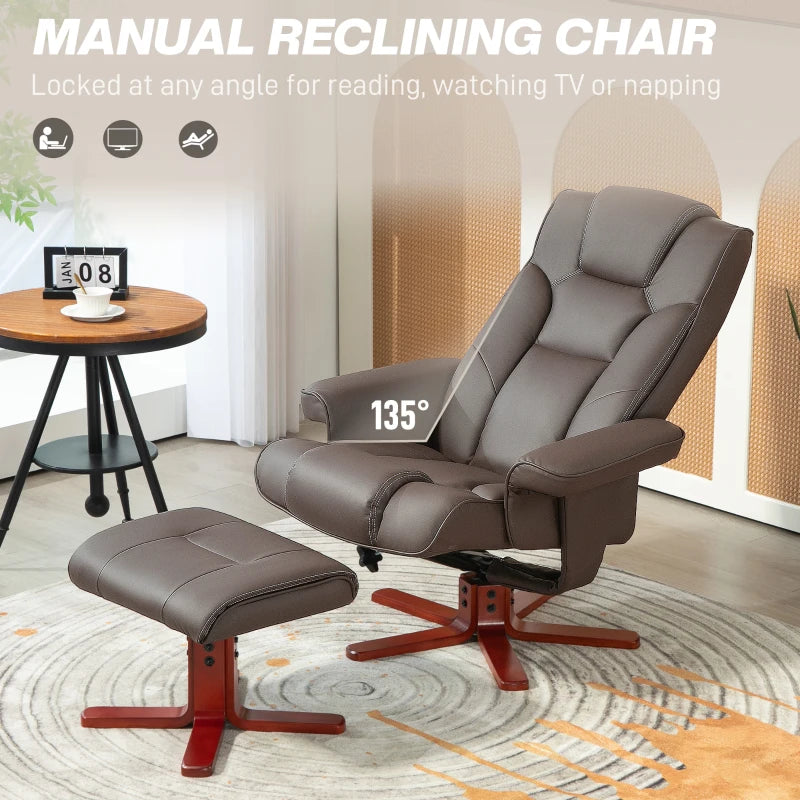 Brown Faux Leather Manual Recliner and Footstool Set for Ultimate Comfort and Relaxation