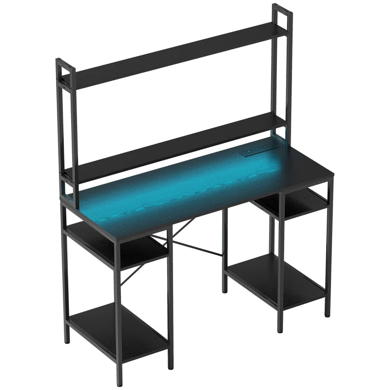 Modern Black Computer Desk with Power Outlets & LED Lights, Home Office Study Table with Monitor Stand & Storage Shelves