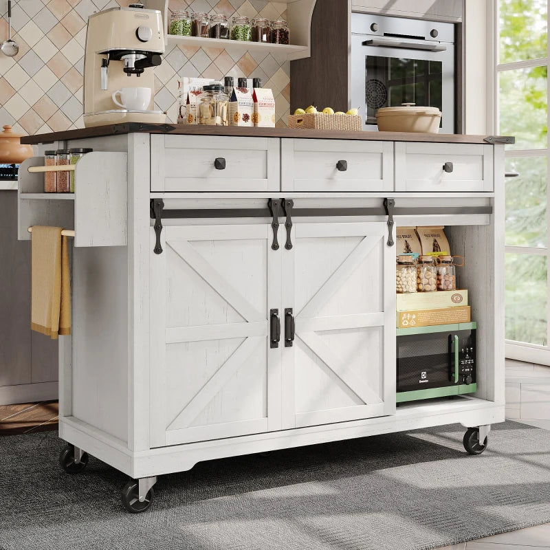 Elegant White Kitchen Island with Extendable Worktop, Smooth Wheels, Ample Storage & Foldable Cabinet - 140x45x94 cm