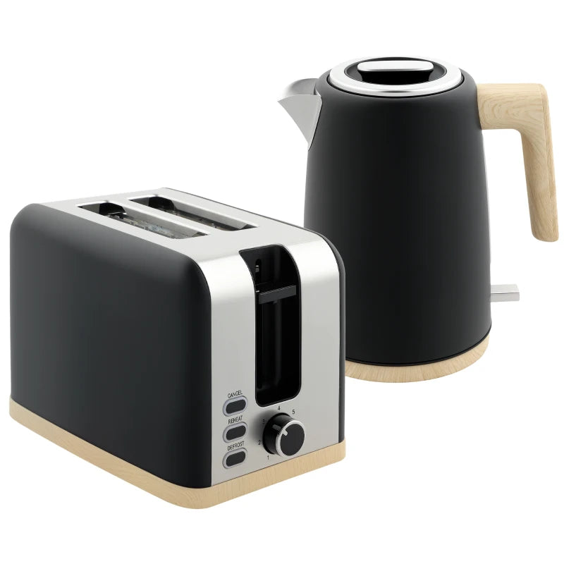 Stainless Steel Kettle & Toaster Set - 1.7L Fast Boil Kettle 3000W & 2 Slice Toaster with 7 Browning Levels, Black