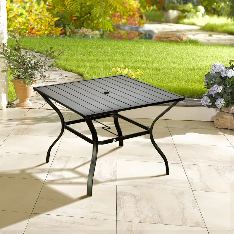 Black Metal Outdoor Dining Table for Four with Parasol Hole, 94 x 94 cm