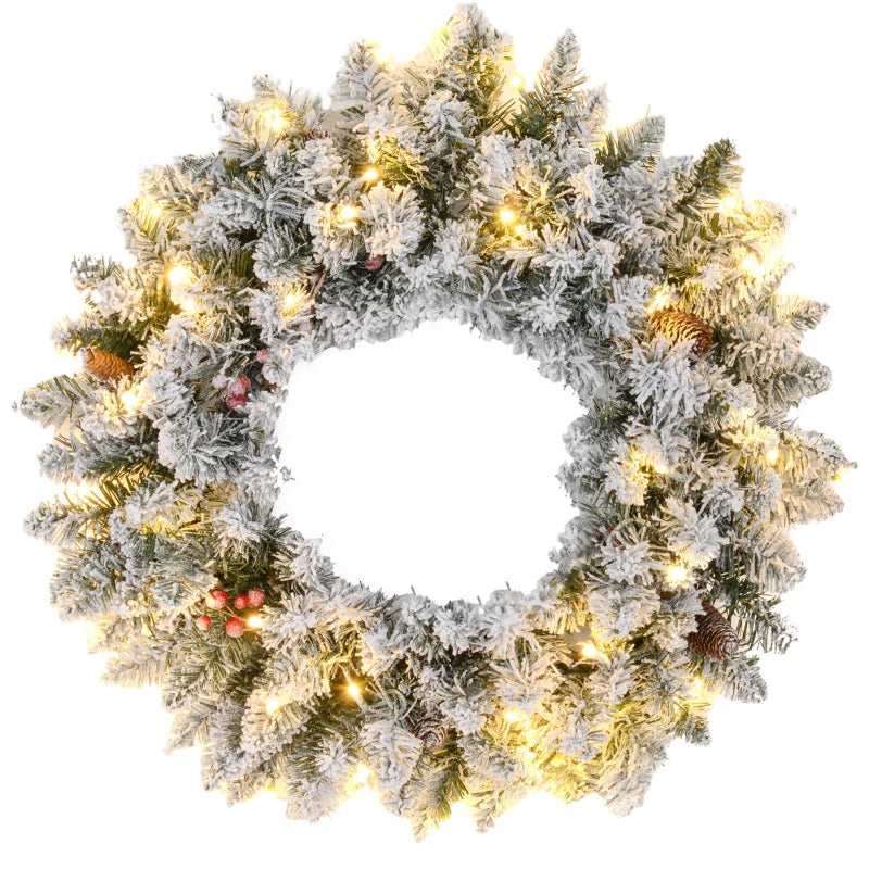 60" Snowy Pine Cone & Berry Christmas Wreath with LED Lights - Festive Holiday Decor for Home & Office