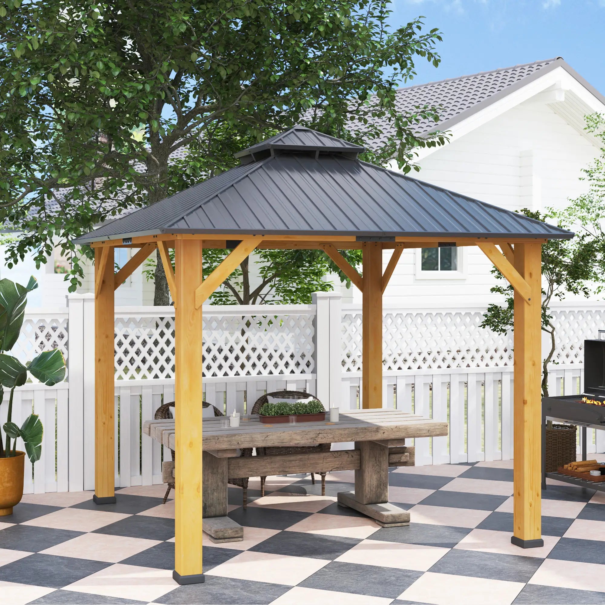 Grey 3m x 3m Hardtop Gazebo Canopy with 2-Tier Roof and Solid Wood Frame