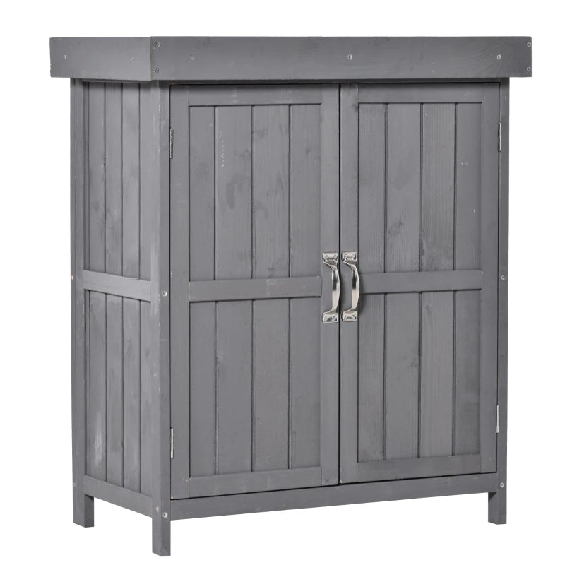 Wooden Garden Shed with Hinged Roof and Removable Shelf Outdoor Tool Storage Cabinet Double Doors 74x43x88cm Grey