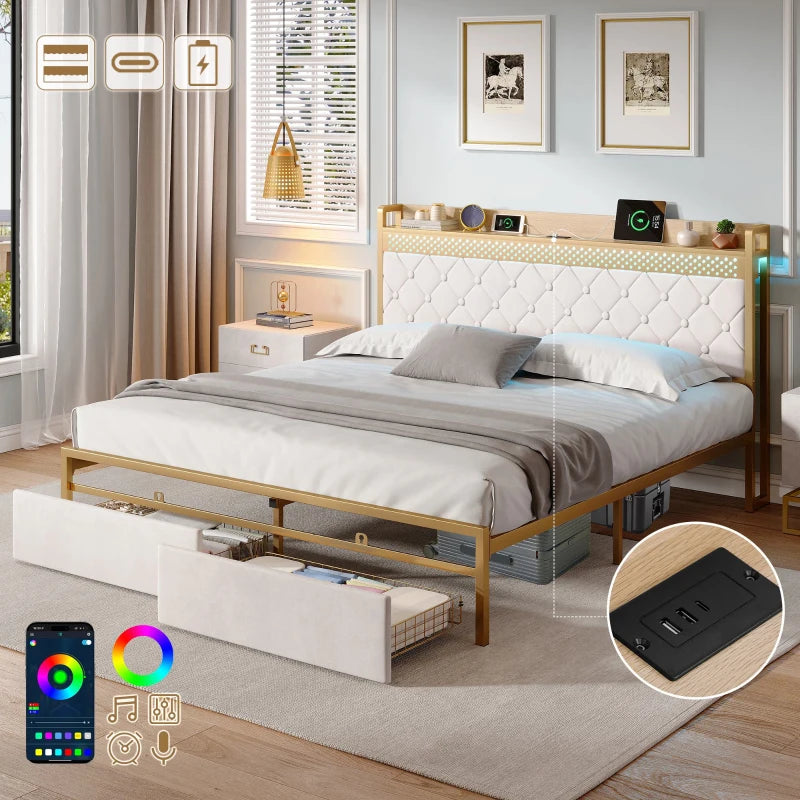 Modern Double Bed Frame with Storage Drawers & RGB LED Headboard - Beige & Chrome, 207L x 138W x 100H cm