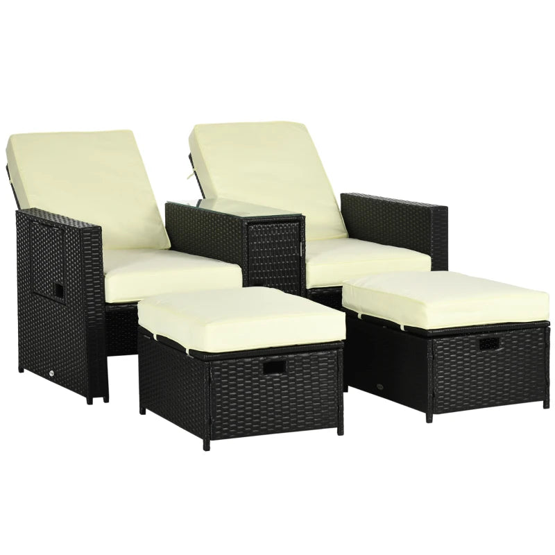 Black 5PC Rattan Sun Lounger Set with Adjustable Recliner and Storage Table