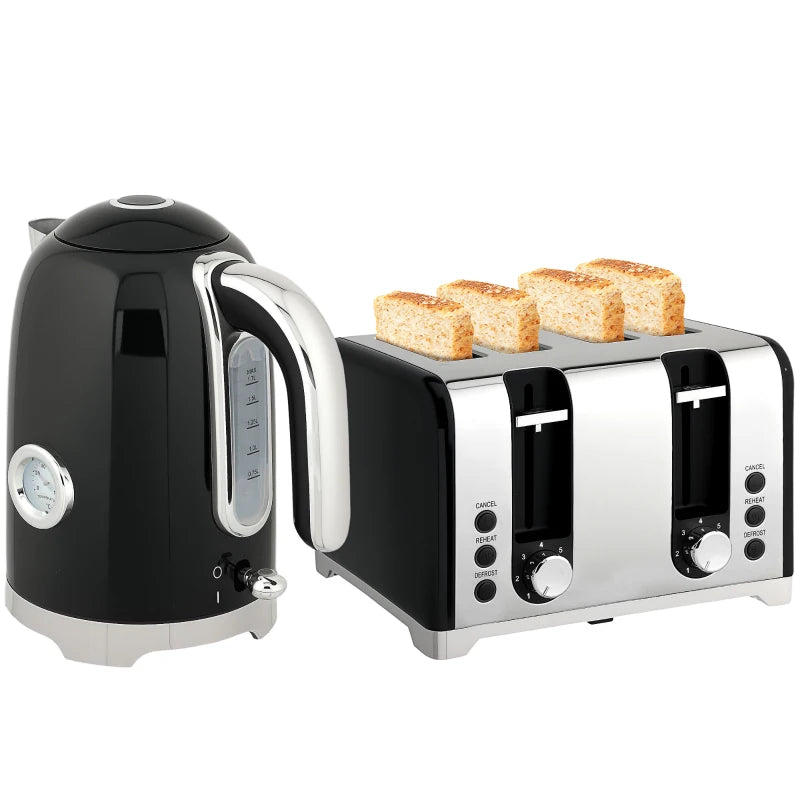 Retro 3000W Black Kettle and Toaster Set - Stylish Kitchen Appliances for Modern Homes