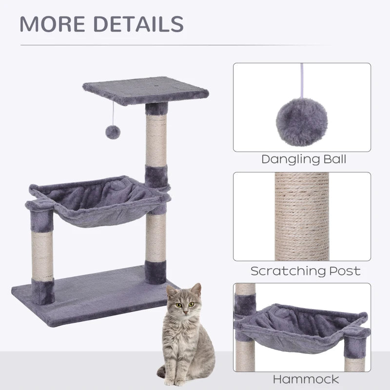 Deluxe Cat Scratch Post with Bed & Hammock - Indoor Cat Tree with Sisal Scratching Posts - Grey Kitty Activity Centre