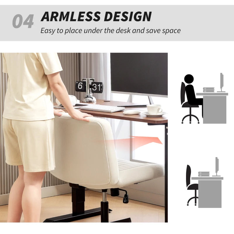 Armless Linen Fabric Office Chair - Criss Cross Legs, Wide Seat, Thick Padding, Adjustable Height, Cream - No Wheels