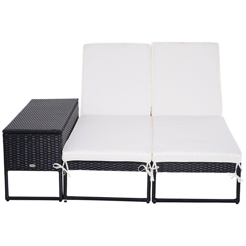 Black Rattan 2-Seat Outdoor Sun Lounger Set with Table