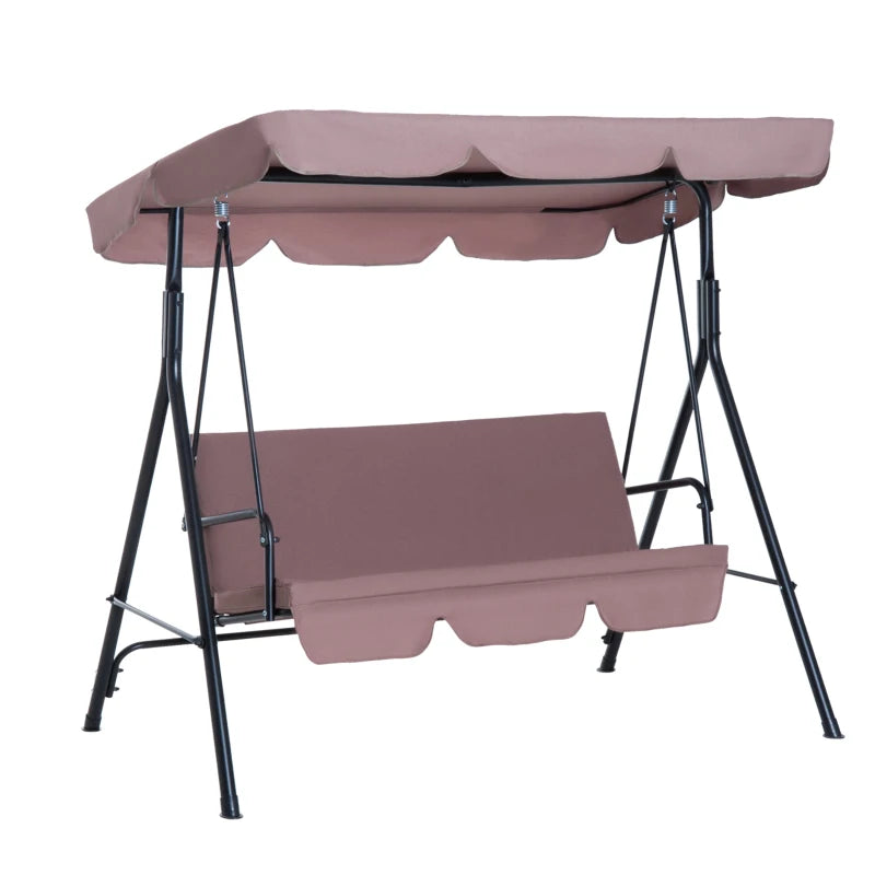 Brown 3-Seater Canopy Swing Chair with Top Roof - Heavy Duty Metal Garden Rocking Bench