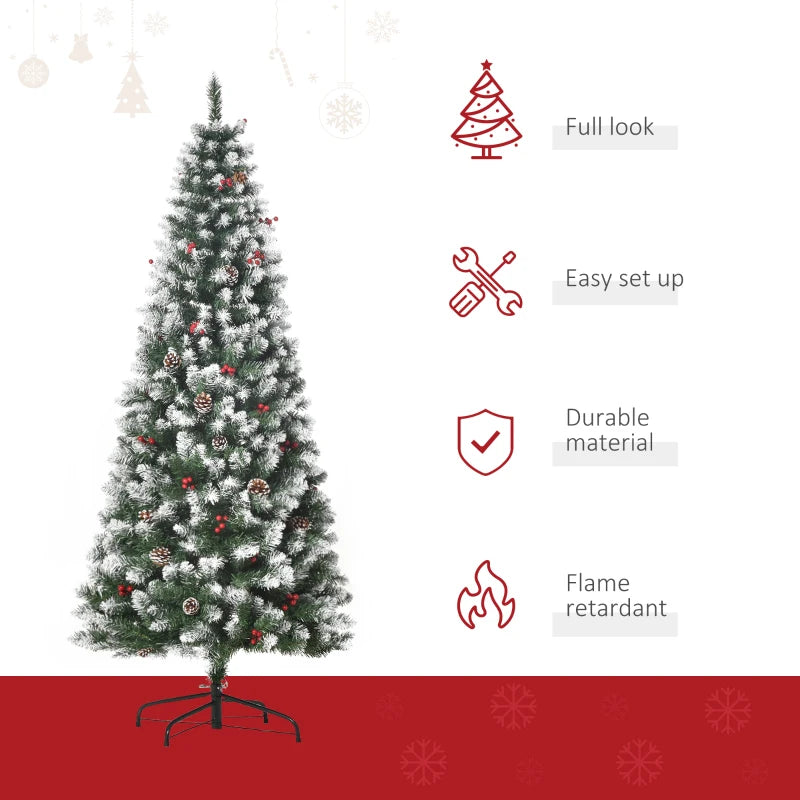 6FT Artificial Christmas Pencil Tree with Red Berries & Pinecones - Foldable Indoor Holiday Decoration, Green Xmas Tree