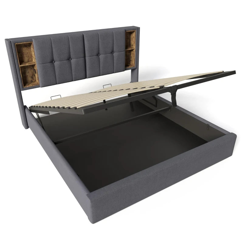 Upholstered King Size Bed Frame with Wireless Charging & Hydraulic Storage - Grey Linen Fabric, 206L x 155W x 100.5H cm